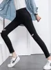 Women's Jeans Washed High Waist Women Knee Ripped Holes Skinny Black Stretch Streetwear Slim Pencil Denim Pants Ankle Length Summer 2023