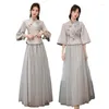 Etnik Giyim İşlemeli Çiçek Çin Standı Yaka Qipao Kadınlar Gri Büyük Boyutu Düğün Elbise Günlük Vintage Elbiseler Gömlek Etek