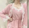 Women's Sleepwear Knitted Cotton 3Pcs Pajamas Suit Women Lace Strap Top Pant Baggy Home Cloth Kimono Bathrobe Gown Nightwear Loungewear