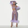 Werk jurken Summer Beach Style Sparkly Fishnet Sexy See-through Mesh Furry Set Rok met lange mouwen