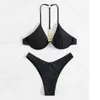 Noir Sexy Bikini femmes 2023 dos inversé en forme de T décoratif taille haute 2 pièces été plage maillots de bain P230525