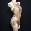 Gold Tassel Rhinestones Bodysuit Sexy Stage Wear DJ Dancer Pole Pole Dance Fringe Crystal Leotard Costum