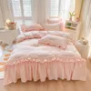 Bedding Sets Vintage Nordic Pastoral Artistic Cotton Ruffles 4Pcs Set Plant Pattern Quilt Cover Linen Pillow Shams Pink Sheet