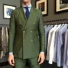 Men's Suits Summer Men's Suit 2 Pieces Lightweight Fabric Business Olive Green Double Breasted Jacket Pants Linen Pantsuits Customize