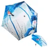 Umbrulhas anti-UV Mini Umbrella Oil Painting Paraguas Compact Sun Rain Women Parasol Bird Bird Portable Dobring Blue Travel