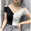 T-shirts pour femmes sur l'épaule Tops - Chemise à col femme Vêtements coréens d'été 2023 T-shirt femme en coton imprimé léopard Femme
