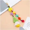 Key Rings Boho Style Colorf Keychains Wooden Beads Pompom Ring With Rainbow Tassel Jewelry For Women Drop Delivery Dhxhs