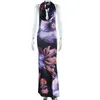 Abiti casual 2023 Donne Sexy Elegante Backless Halter Print Maxi Dress Abiti drappeggiati senza maniche Holiday Beachwear Estate