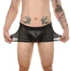 Caleçon noir hommes Faux cuir Boxer Shorts taille basse poche de renflement sous-vêtements évider maille transparente Patchwork slips