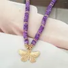 Pendant Necklaces Bohomia Gold Color Butterfly Charm Purple Polymer Clay Strand With Metallic Bead Necklace For Women Romantic Pretty