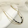 Chains 18K Gold Plated Stainless Steel Small Pearl Soft Ceramic Beaded Three-layer Necklace Bohemia Style