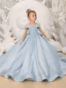 Girl Dresses Blue Flower Elegant Princess Satin Ball Gown For Kids Birthday Party Dress Simple Bow First Communion