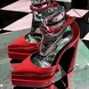 Marka projektanta spiczaste sandały damskie seksowna gruba podeszwa platforma na wysokim obcasie czarna czerwona sukienka impreza ślubna dziewczyna