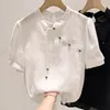 Женские блузки винтажная китайская пряжка в стиле Cheongsam Шифоновая рубашка Женская летняя одежда Жаккард с короткими рукавами пузырька