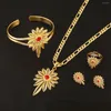 Halsband örhängen Set Gold Color Ethiopian Ruby Bridal Wedding Hollow Plant Pendant Women Choker Stud Ring Bangle