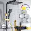 Bathroom Shower Sets Black Gold Shower Set Bathroom Mixer Digital Rainfall Bath Faucet Wall Mounted Tap Brass Thermostatic Shower System Square Head G230525