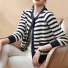 Malhas femininas mulheres elegantes chiques listrados Cardigan suéteres pretos listra branca single bre telestted mickwear feminino malha casual bolero