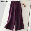 Capris Purple Solid 6 Colors Cotton Linen Wide Leg Women's Pants High Waist Button Pocket Korean Fashion Anklelength Pants for Women