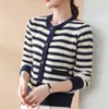 Malhas femininas mulheres elegantes chiques listrados Cardigan suéteres pretos listra branca single bre telestted mickwear feminino malha casual bolero