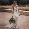 2023 Abiti da sposa a sirena sexy Splendido collo gioiello Tulle maniche lunghe Appliques di pizzo bianco Illusion Abiti da sposa trasparenti Abito da sposa da sposa da chiesa aperto sul retro