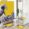 Rideaux de douche Style japonais rideau dessin animé bleu océan vague Design maison antidérapant piédestal tapis couverture de toilette enfant chambre salle de bain déco ensemble