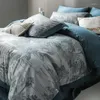 寝具セット600TCユーカリのリヨセルのぼろぼろの青灰色のパッチワーク布団布団カバーシックな植物ジャクアードセットベッドシート枕カバー4PCS