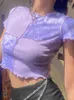 Chic Crop Tops Tees wiąż się z cekinowym patchworkiem kobiety letnie koszulki marszki fioletowe lub szalone ubrania
