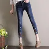 Women's Jeans Women Embroider Ninth Ankle Pants Hem Fork Hole Autumn Summer Female Elasticity High Waist Slim Skinny Denim Pencil