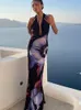 Casual Kleider 2023 Frauen Sexy Elegante Backless Neckholder Print Maxi Kleid Outfits Drapierte Ärmellose Urlaub Beachwear Sommer