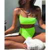 Femmes Sexy Mini Bikini Néon Vert Une Épaule Push Up Indépendant D'été Plage Solide Maillots De Bain P230525