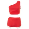 Women's Summer Swimwear New Tight One Shoulder Short Top Pocket Casual Suit Solid Colors Bathing Suits Designer Bikini