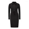 Abiti casual 2023 Autunno per le donne Bodycon manica lunga fasciatura Midi Dress Polo pulsante lavorato a maglia Lace Up Office Lady Pen