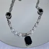 Pendant Necklaces Ins Hip Hop Sweet Cool Black Square Rhinestone Necklace Simple Geometric Imitation Pearl Metal Clavicle Chain