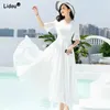 Dress Bohemian Noble Elegant Vneck Flounced Edge Short Sleeve Solid Color Dress Popularity Empire Chiffon Summer Women's Clothing