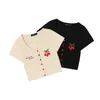 Women's T Shirts Cherry Embroidery Short Sleeve T-shirt U Neck Black Slim Waist Bare Pure Desire Spice Girl Style Girls Top Summer