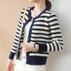 Malhas femininas mulheres elegantes chiques listrados Cardigan suéteres pretos listra branca single bre telestted mickwear feminino malha casual bolero