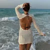 Vintage haakbloem Hollow Out Dress-cover-ups Chique vrouwen gebreide backless tie-up mini-jurk zomer strand vakantie bodycon jurk