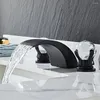 Rubinetti per lavabo da bagno Rubinetto per lavabo nero Tuqiu Ottone Oro Diffuso Cristallo 3 fori e rubinetto a cascata fredda