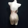 Gold Tassel Rhinestones Bodysuit Sexy Stage Wear DJ Dancer Pole Pole Dance Fringe Crystal Leotard Costum