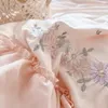 Bedding Sets Vintage Nordic Pastoral Artistic Cotton Ruffles 4Pcs Set Plant Pattern Quilt Cover Linen Pillow Shams Pink Sheet