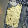 Vintage Splash Ink Denim Summer Bermuda Fashion Painting Youth Straight Men's Street Hip Hop Elastic Jeans Shorts P230525