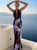 Casual Kleider 2023 Frauen Sexy Elegante Backless Neckholder Print Maxi Kleid Outfits Drapierte Ärmellose Urlaub Beachwear Sommer