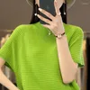Kvinnors T-skjortor Summer Green Wool Blended T-shirt Kvinnor O-Neck Kort ärm toppar Stickade koreanska mode Tees Shirt Mujer Loose Casual