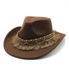 Boinas Cowboy Hat for Women and Men Tassels Jazz Cap Woolen 57-58cm Estilo étnico Brima curva Cowgirl NZ0062