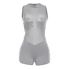 2023 Summer Womens Jumpsuit Sexy Mesh Perspective Panel High Waist Sleeveless Tight Bodysuit Shorts Jumpsuits For Women