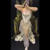 Europeiska stilkristaller Tassel Bodycon Stretch Long Dress Stage Wear Female Sexig ärmlös nattklubb Party Show DJ Singer Performance Costume