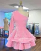 Sexy Pink Puffy Short Prom Dress 2023 One Shoulder Velvet Sequins Party Dress Mini Birthday Cocktail Dresses Vestidos De Fiesta Robe De Soiree