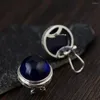 Stud Earrings FNJ Round Blue Corundum 925 Silver Original Pure S925 Sterling Earring Women Jewelry