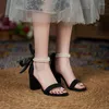 Pearls Ankle Sandals Strap Block Heel High Women Summer Shoes Comfortable Large Size Open Toe