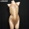 Gold Tassel Rhinestones Bodysuit Sexy Stage Wear DJ Dancer Pole Pole Dance Fringe Crystal Leotard Costum